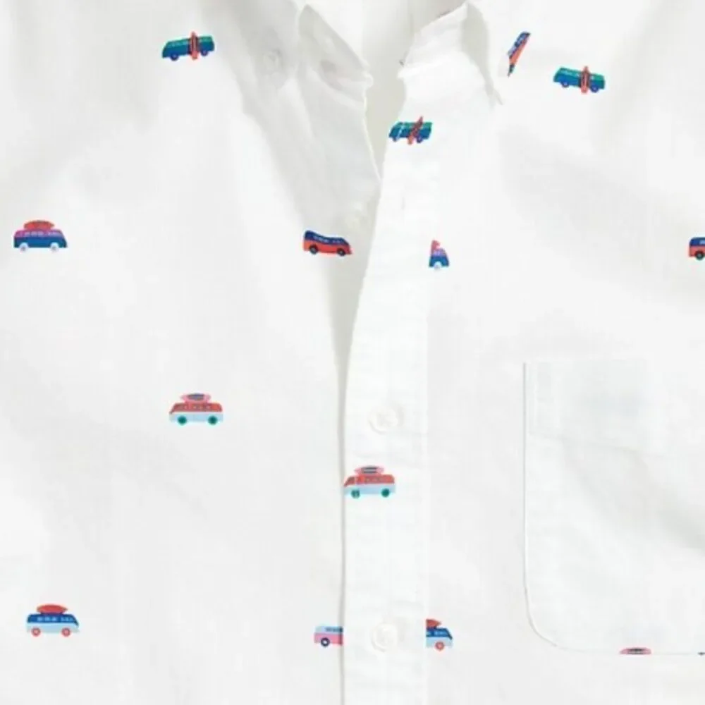 J Crew Men's Flex Oxford Tops 2XL Cotton Slim Fit Cars Graphic Print Shirt $89